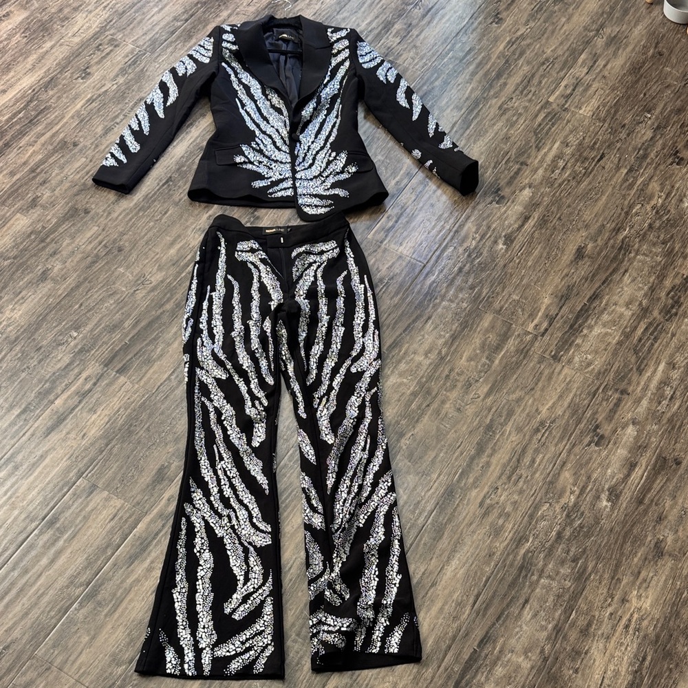 Elegant Black and Silver Women's blazer/ pant combo DIAMOND Embellishments